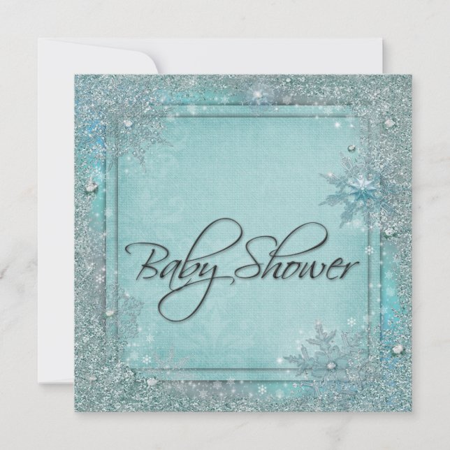 Invitación Baby Shower verde azulado Blue Snowflake (Anverso)