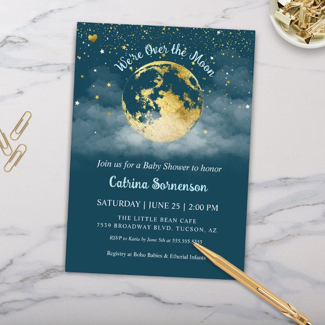 Invitación Baby Shower verde azulado Celestial de la Luna y l (Teal Aqua and Gold Over the Moon Baby Shower Invitation Gender Neutral Celestial Theme)