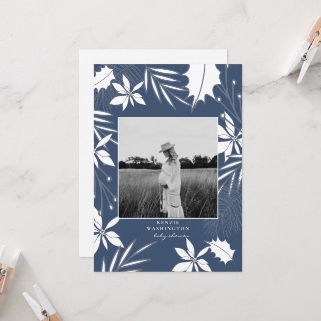 Invitación Baby Shower verde azulado de foto azul B/W (Anverso/Reverso In Situ)