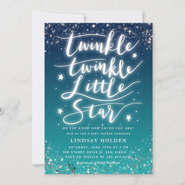 Invitación Baby Shower Verde azulado Twinkle Little Star Blue (Anverso)