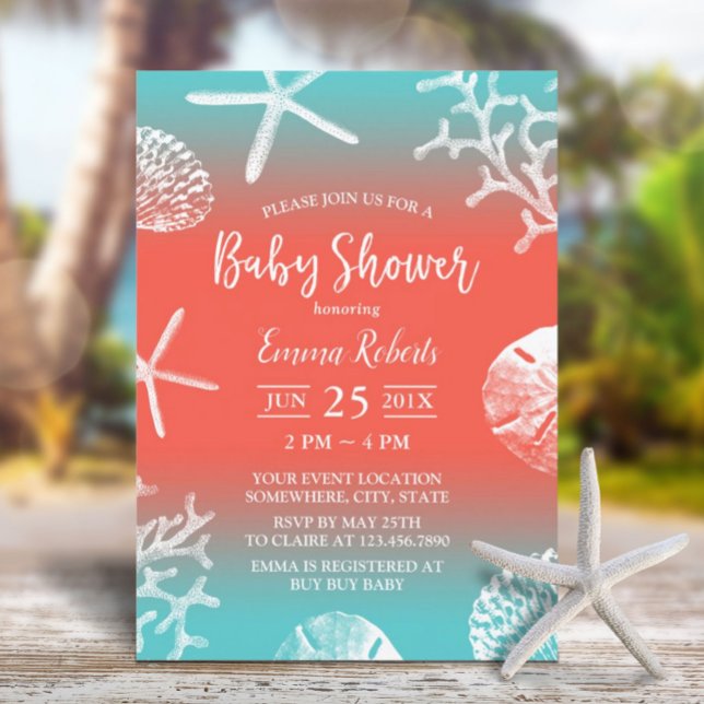 Invitación Baby Shower Verde azulado y rojo de Coral Beach Tr (Subido por el creador)