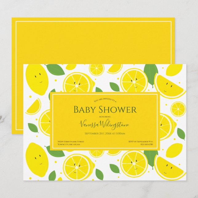 Invitación Baby Shower verde blanco amarillo de los lemones s (Anverso / Reverso)