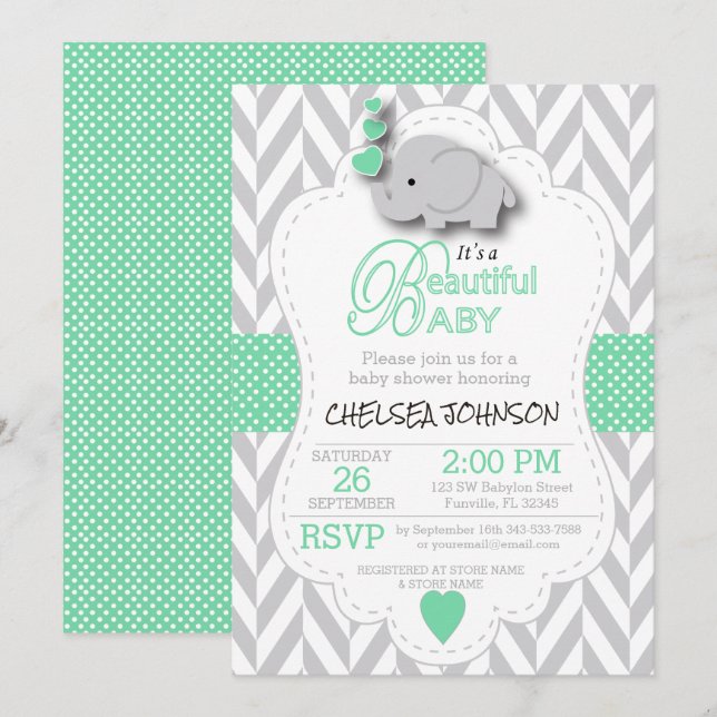Invitación Baby Shower verde claro, elefante gris blanco (Anverso / Reverso)