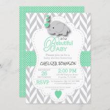 Baby Shower verde claro, elefante gris blanco