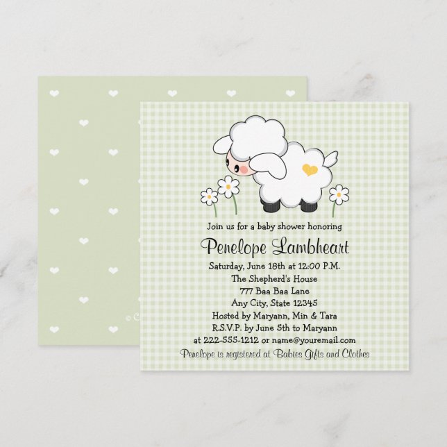 Invitación Baby Shower verde claro para el cordero (Anverso / Reverso)