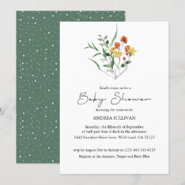 Invitación Baby Shower verde de flores silvestres minimalista