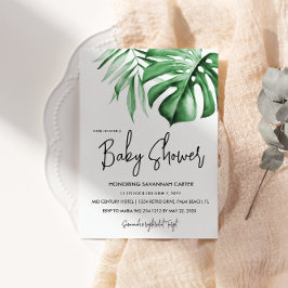 Invitación Baby Shower verde de hojas tropicales