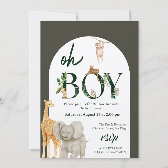 Invitación Baby Shower verde de la jungla animal de Safari ca (Anverso)