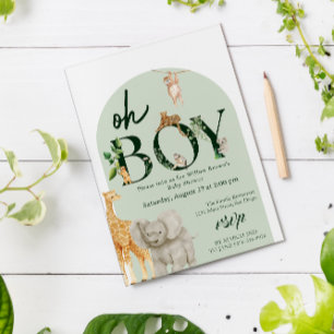 Invitación Baby Shower verde de la jungla animal de Safari ca