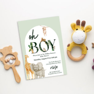 Invitación Baby Shower verde de la jungla animal de Safari ca