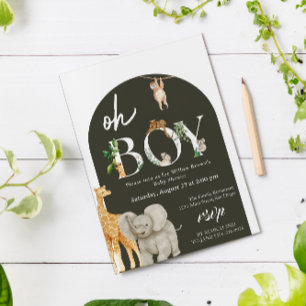 Invitación Baby Shower verde de la jungla animal de Safari ca