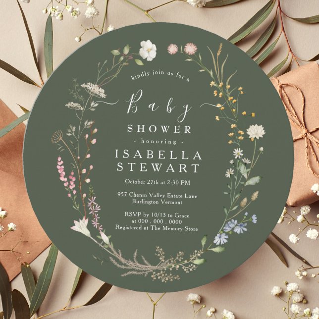 Invitación Baby Shower verde del bosque de flores silvestres  (Subido por el creador)