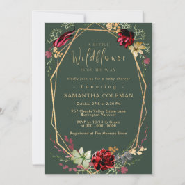 Invitación Baby Shower verde geométrico de flores silvestres 