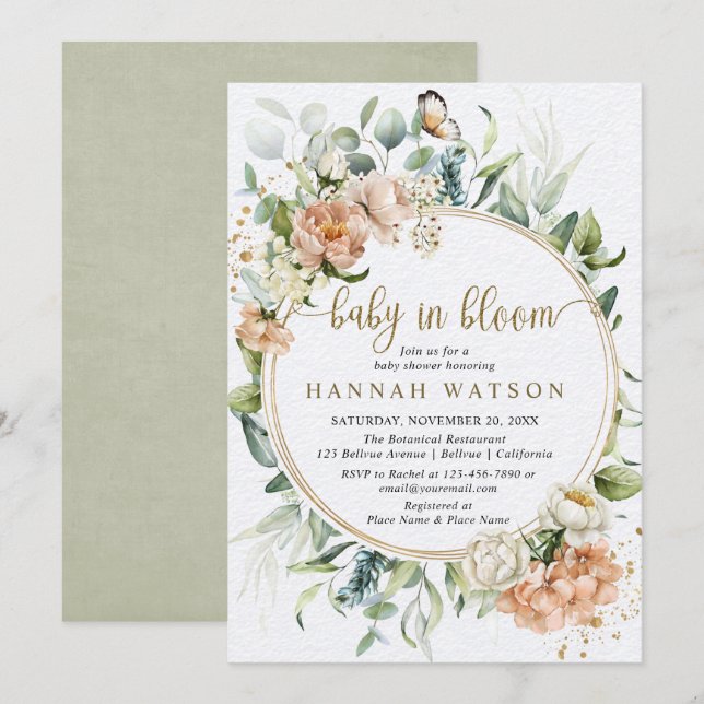 Invitación Baby Shower verde rosa rosa rosado botánico (Anverso / Reverso)