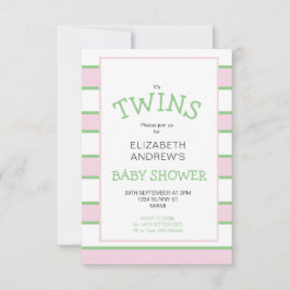 Invitación Baby Shower verde rosado rayado de los gemelos