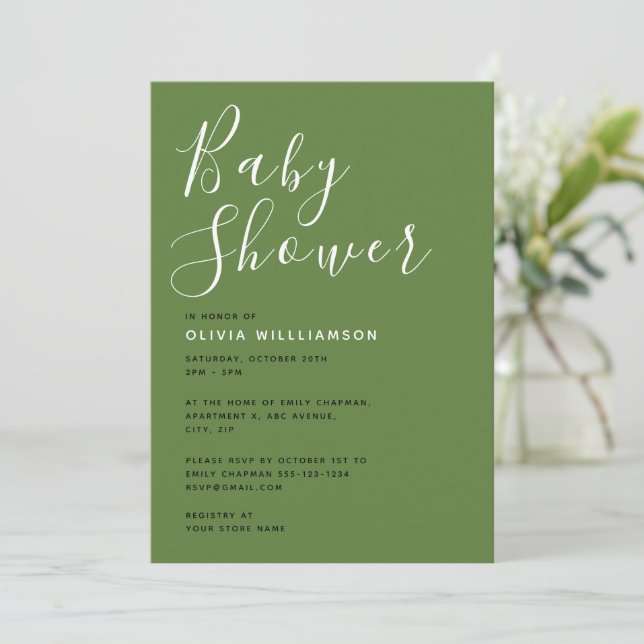 Invitación Baby Shower verde sage moderno (Anverso de pie)