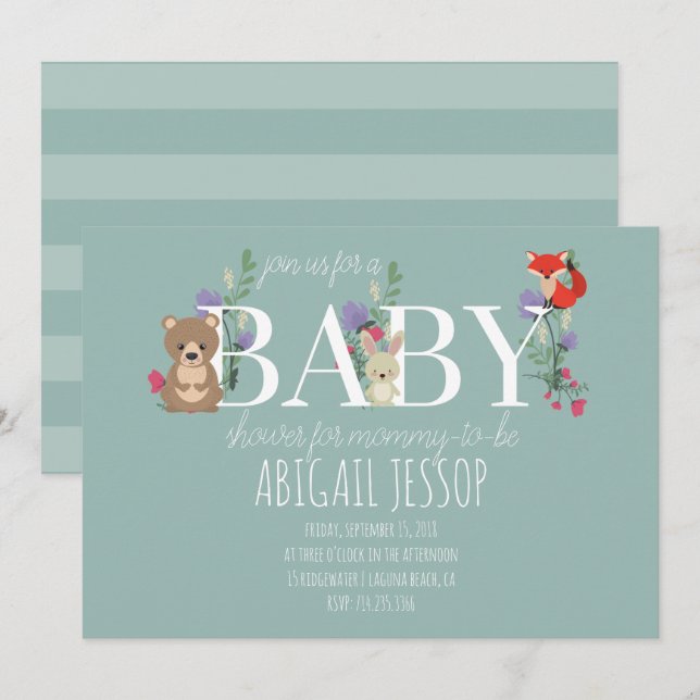 Invitación Baby Shower verde Woodland moderno (Anverso / Reverso)