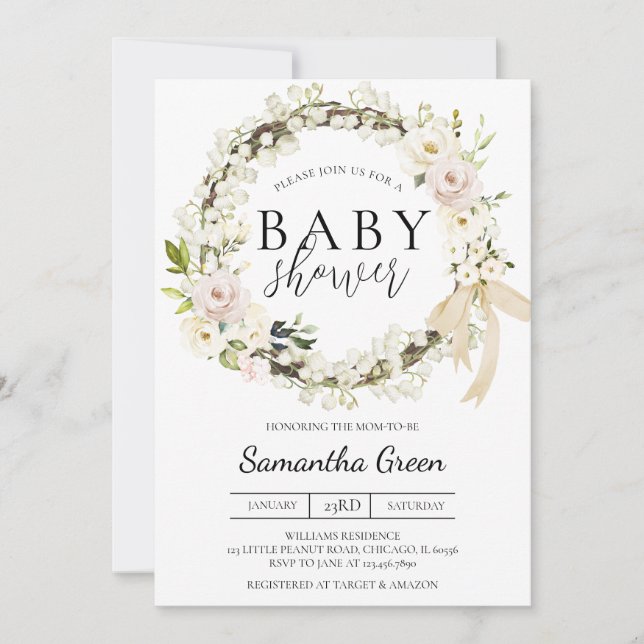 Invitación Baby Shower verde y blanco (Anverso)