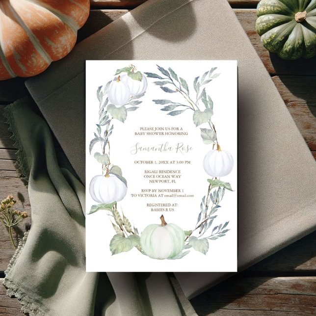Invitación Baby Shower verde y bLANCO (gender neutral baby shower invitations watercolor fall pumpkin in green and white)