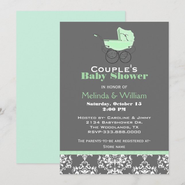 Invitación Baby Shower verde y gris de la Casa de  (Anverso / Reverso)