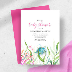 Invitación Baby Shower verde y rosa a la tortuga m