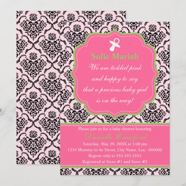 Invitación Baby Shower verde y rosa Damask (Anverso / Reverso)