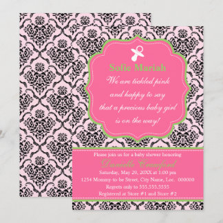 Invitación Baby Shower verde y rosa Damask