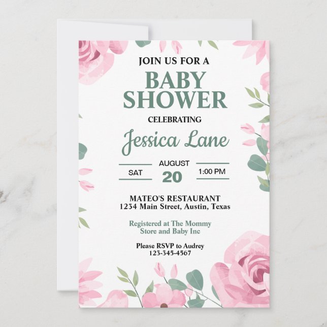 Invitación Baby Shower verde y rosa de los fondos marinos (Anverso)
