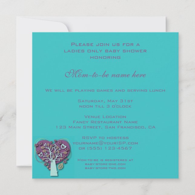 Invitación Baby Shower vintage, Aqua Love Hearts Tree (Anverso)