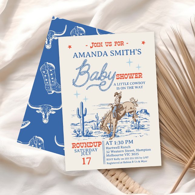 Invitación Baby Shower Vintage Blue Red Rodeo Cowboy (Blue Red Rodeo Baby Shower Invitation Cowboy Horse Bronco, Western Southern Country Boys Baby Shower)