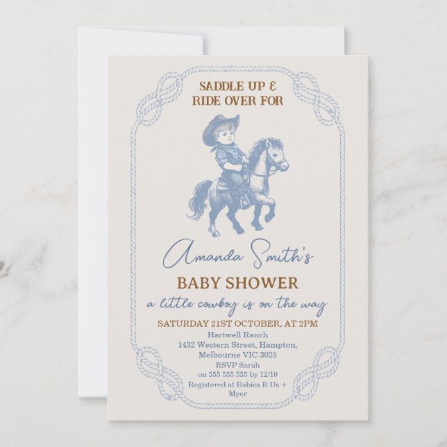 Invitación Baby Shower Vintage Blue Rope Frame Cowboy (Anverso)