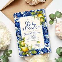 Baby Shower Vintage Blue Tile Yellow Lemons
