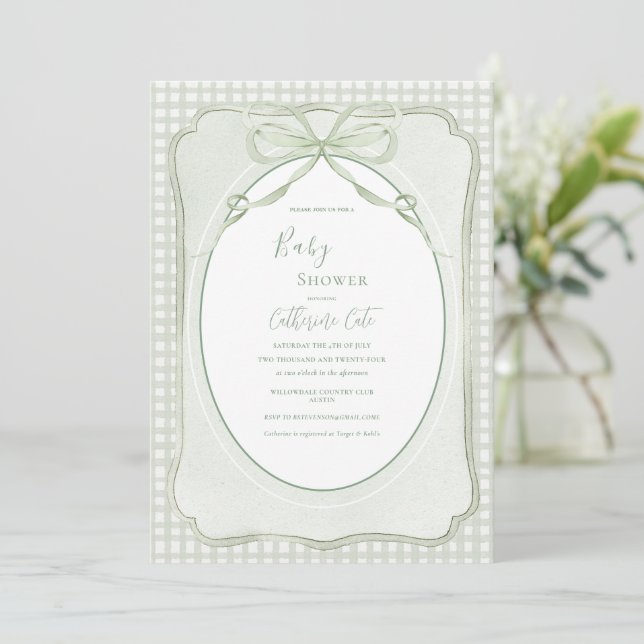 Invitación Baby Shower Vintage Gingham Verde (Anverso de pie)
