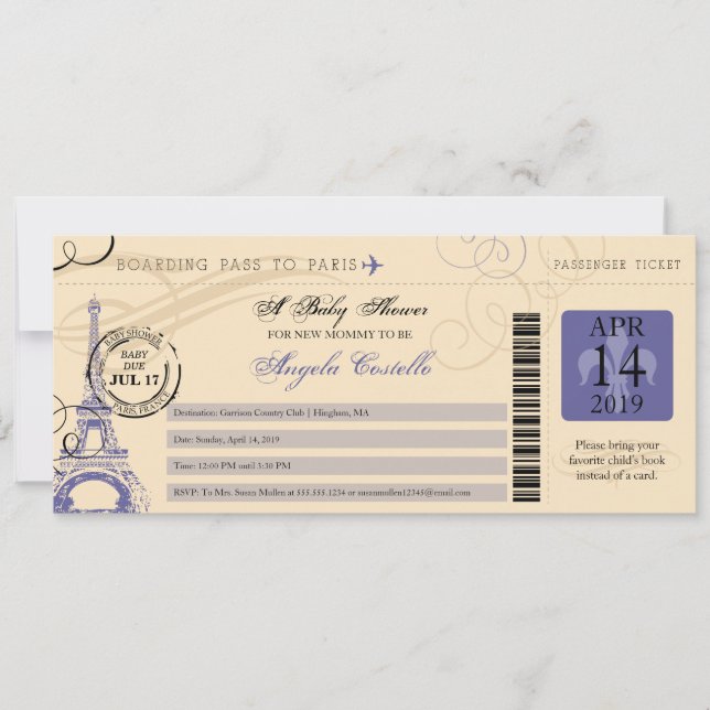 Invitación Baby Shower Vintage Paris Boarding Pass (Anverso)