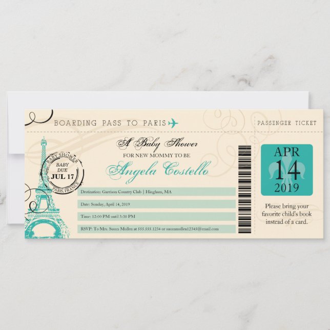 Invitación Baby Shower Vintage Paris Boarding Pass (Anverso)