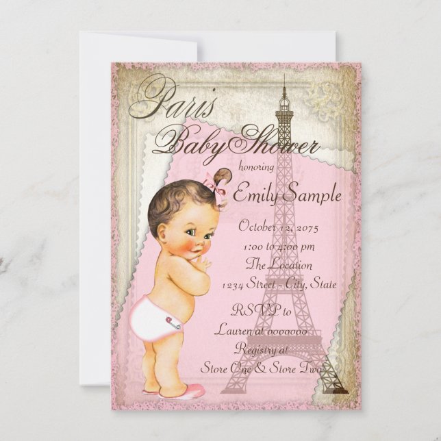 Invitación Baby Shower Vintage París Niña (Anverso)