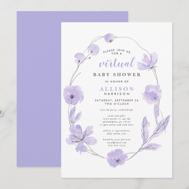 Invitación Baby Shower virtual | Acuarela floral de lavanda (Anverso / Reverso)