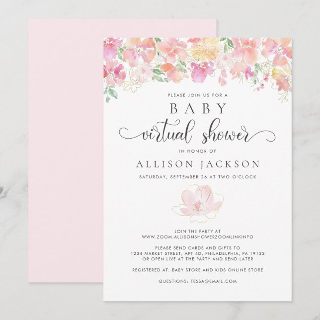 Invitación Baby Shower virtual | acuarela floral de oro rosa