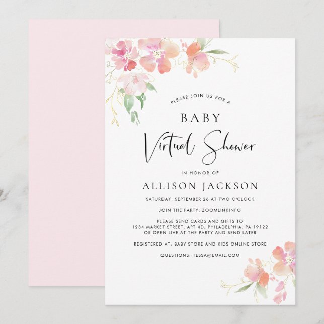 Invitación Baby Shower virtual | Acuarela Floral Rosa (Anverso / Reverso)