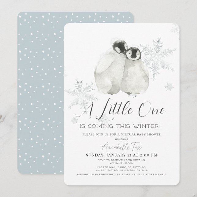 Invitación Baby Shower virtual azul de copo de nieve en invie (Anverso / Reverso)