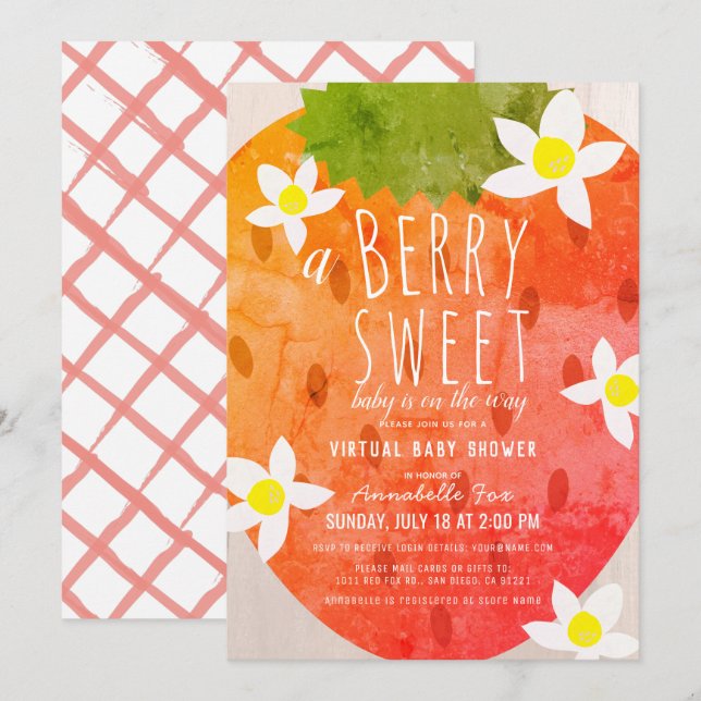 Invitación Baby Shower virtual Chica de fresa dulce de Berry (Anverso / Reverso)