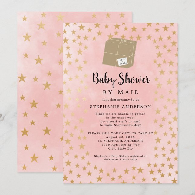 Invitación Baby Shower virtual Chica estrella de oro rosa (Anverso / Reverso)