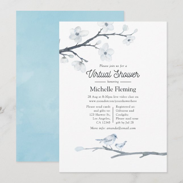 Invitación Baby Shower virtual con flores de cerezos en flor (Anverso / Reverso)