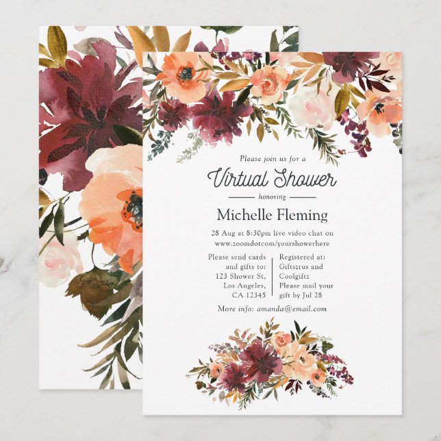 Invitación Baby Shower virtual de acuarela de Bordo Peach (Anverso / Reverso)