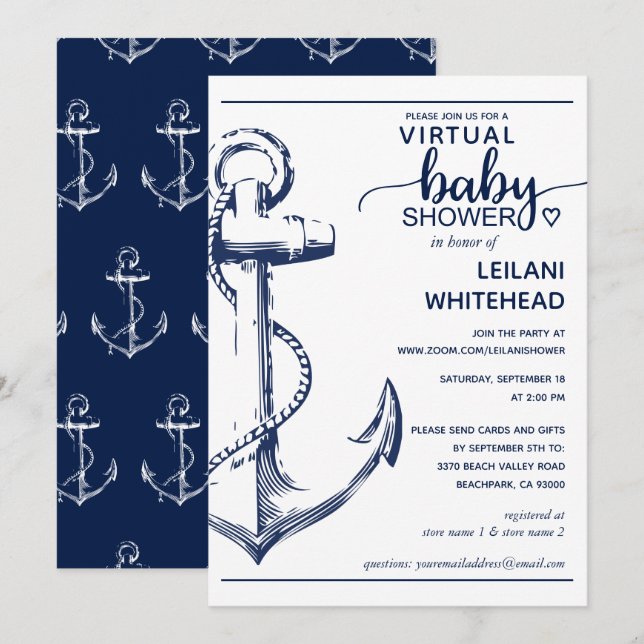 Invitación Baby Shower virtual de anclaje naval (Anverso / Reverso)
