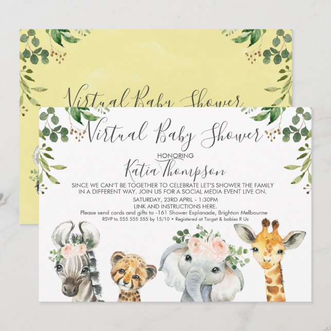 Invitación Baby Shower virtual de animales de Safari neutros  (Anverso / Reverso)