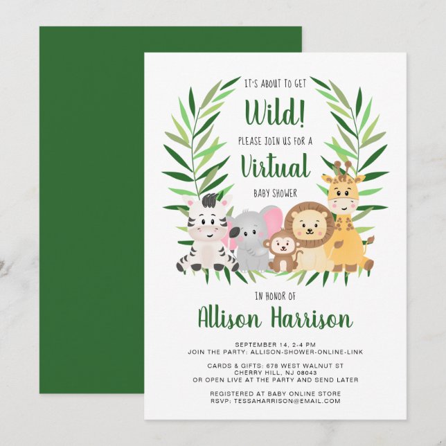 Invitación Baby Shower virtual de animales Safari (Anverso / Reverso)