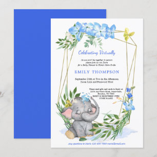Invitación Baby Shower virtual de azul geométrico de elefante
