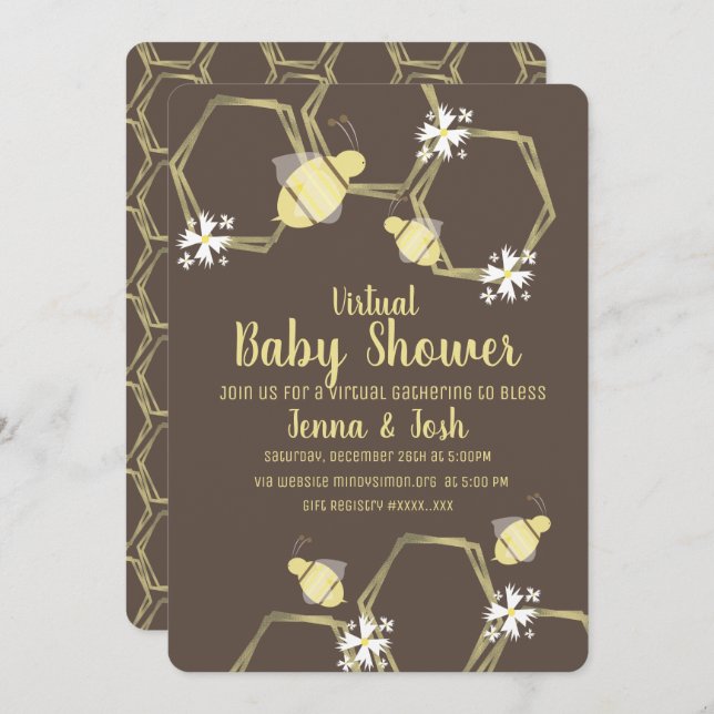 Invitación Baby Shower virtual de Bee and Daisy Floral (Anverso / Reverso)