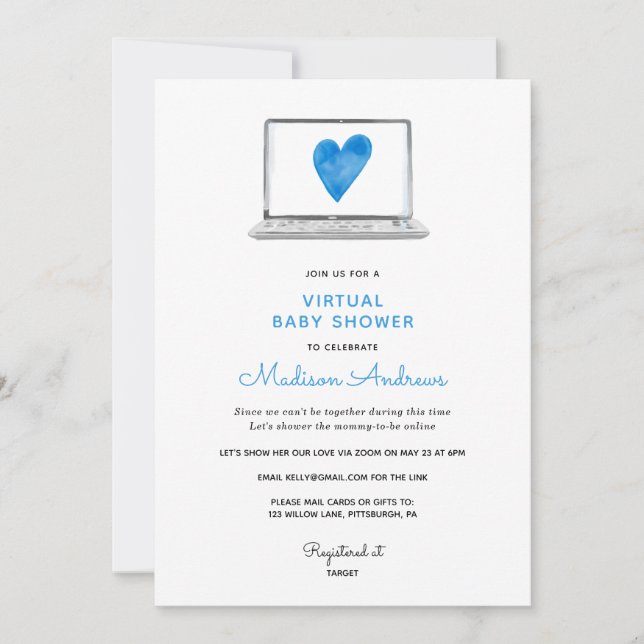 Invitación Baby Shower virtual de Blue Heart (Anverso)